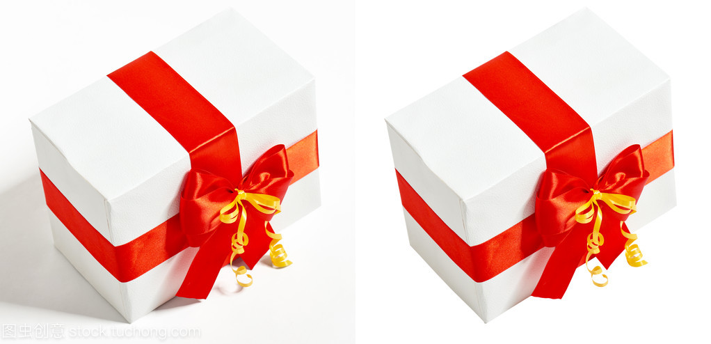 礼品盒装饰红丝带和蝴蝶结,工作室白色背景上的对象